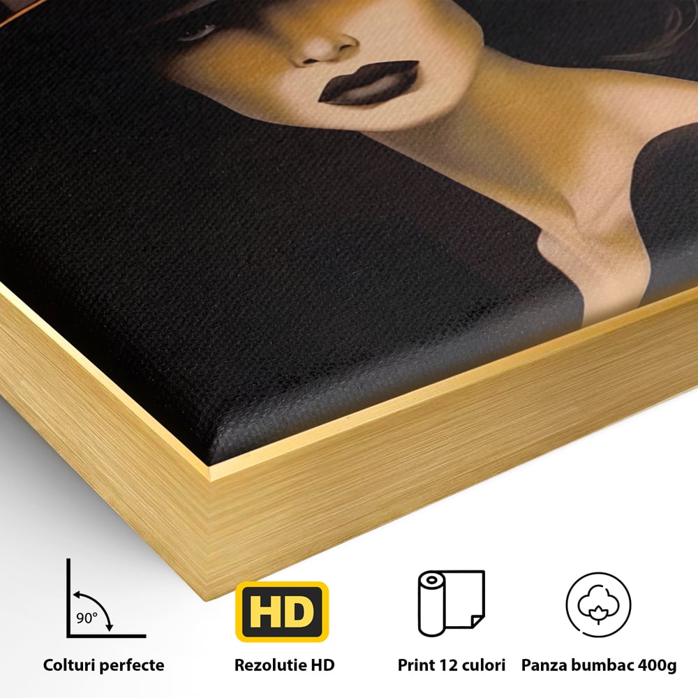Detaliu al suprafetei: tablou canvas cu femeie misterioasa, in rama de aluminiu auriu
